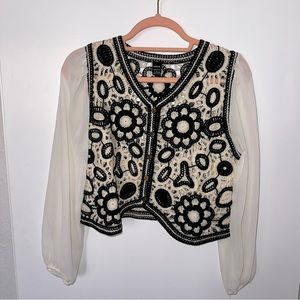 Embroidered White and Black Blouse